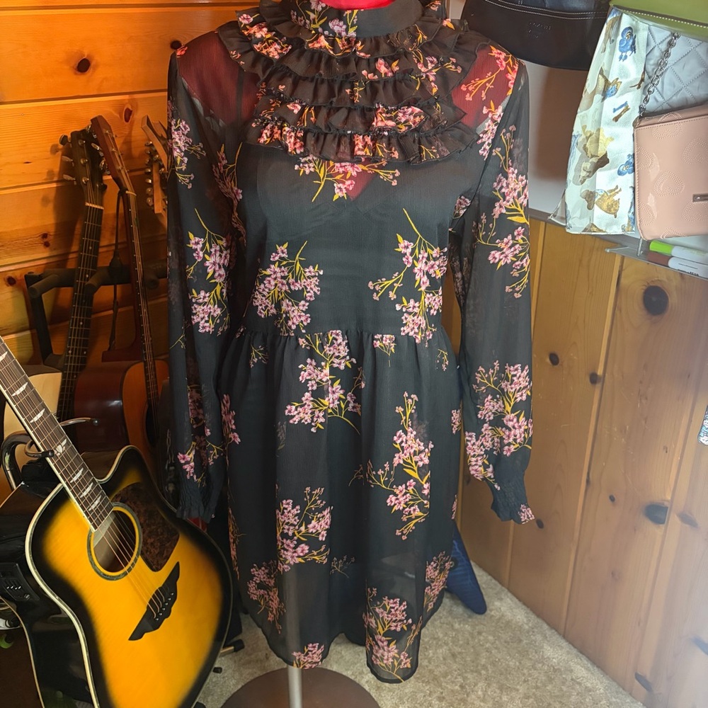 Who What Wear Women's Chiffon Mini Dress Long Sleeve Black Floral Ruffle Trim 2X
